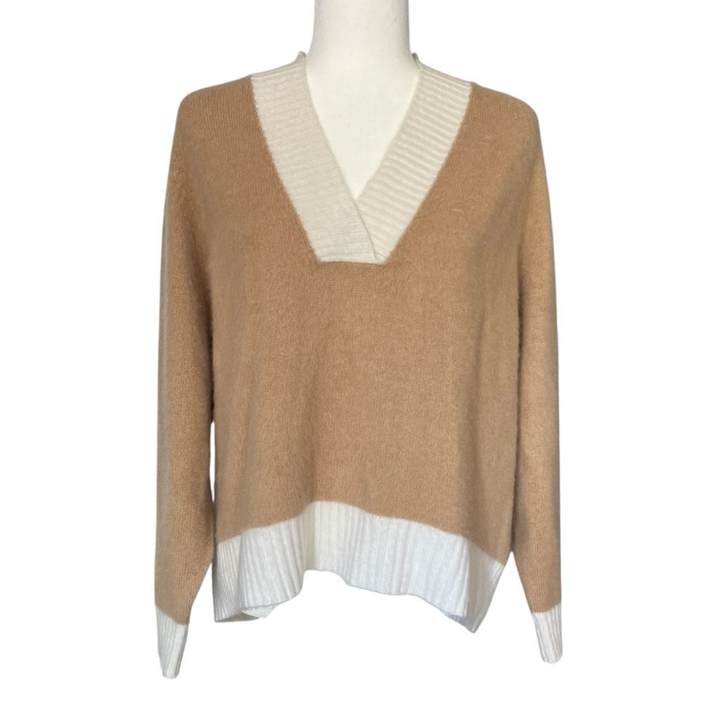 Algo of Switzerland 100% Cashmere Tan V Neck Sweater Oversized Thick Knit Medium